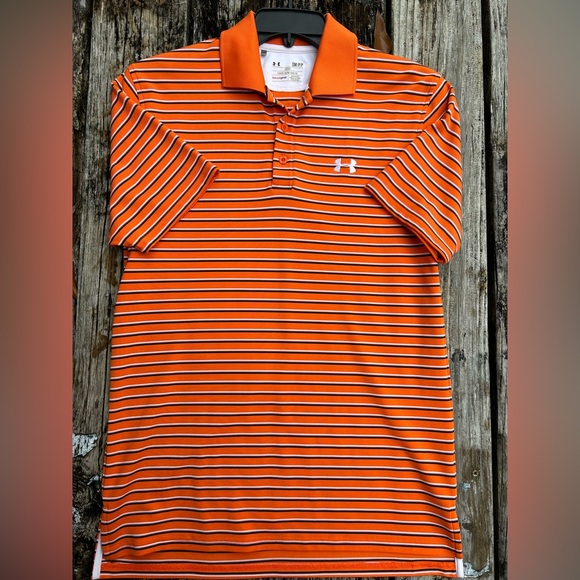 Under Armour Heatgear Loose Fit Short Sleeve Orange Striped Small Polo Shirt - Picture 3 of 6
